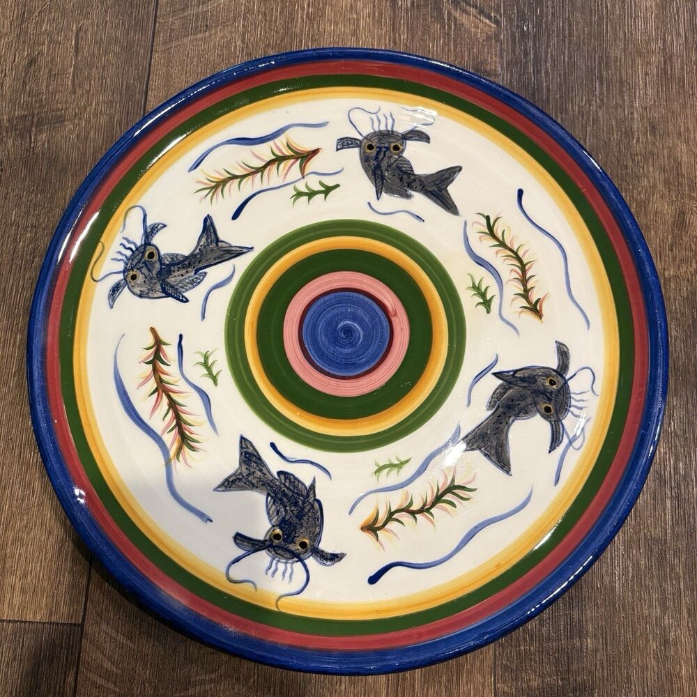 Dirt Road Pottery Cindy Upshur Hand Painted Catfish Serving Platter 12.5”